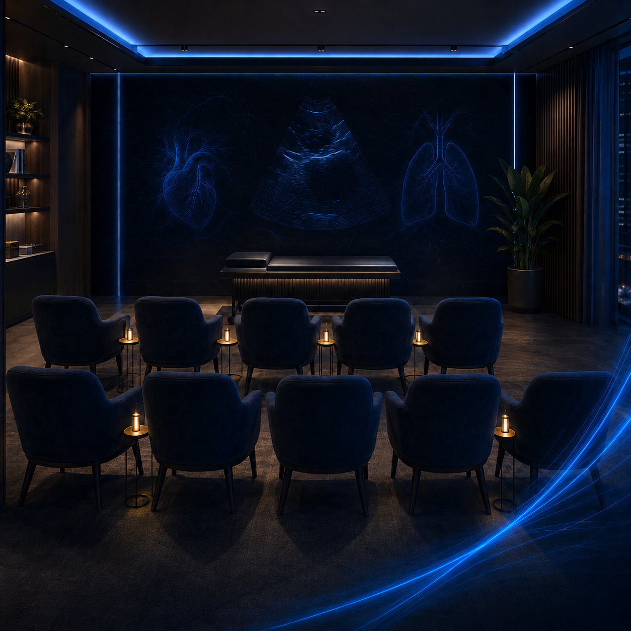 Ambiente sofisticado de jantar médico com tecnologia de ponta